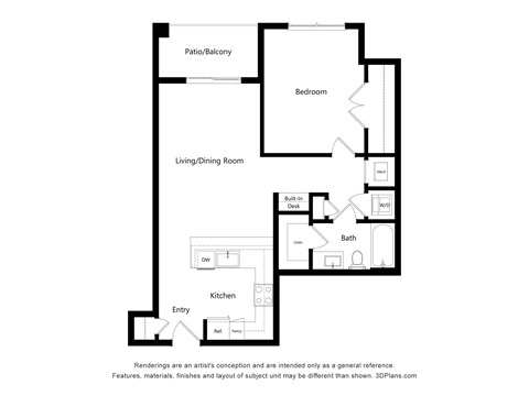 A floor plan of a house with a living room, dining room, kitchen, and bath.